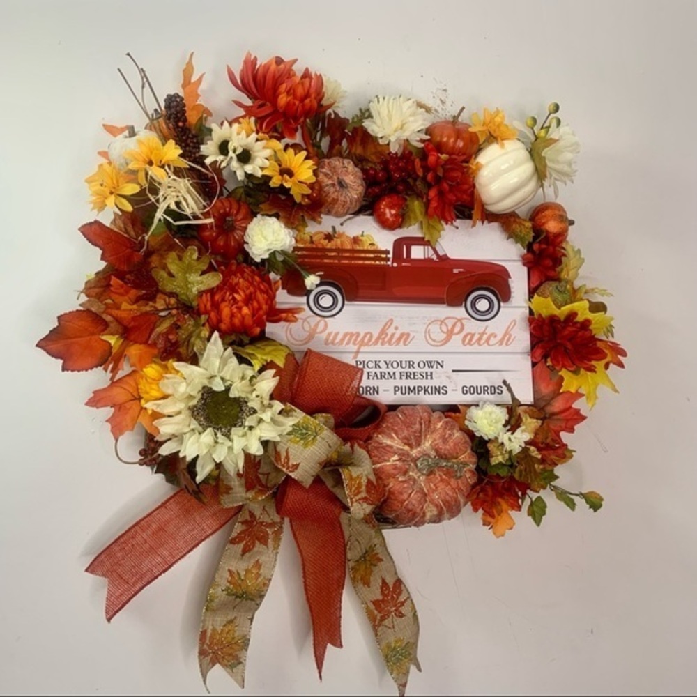 New Fall Floral Red Truck Farmhouse Sunflower Door Wall Autumn Vibrant Wreath